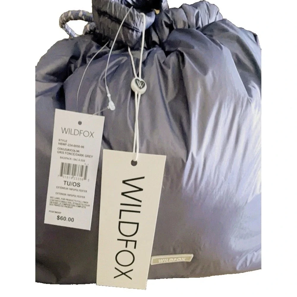 NWT Wildfox Puffy Drawstring Backpack‎ Dark Gray Puffer Tote Bag Gym Gorp Y2K